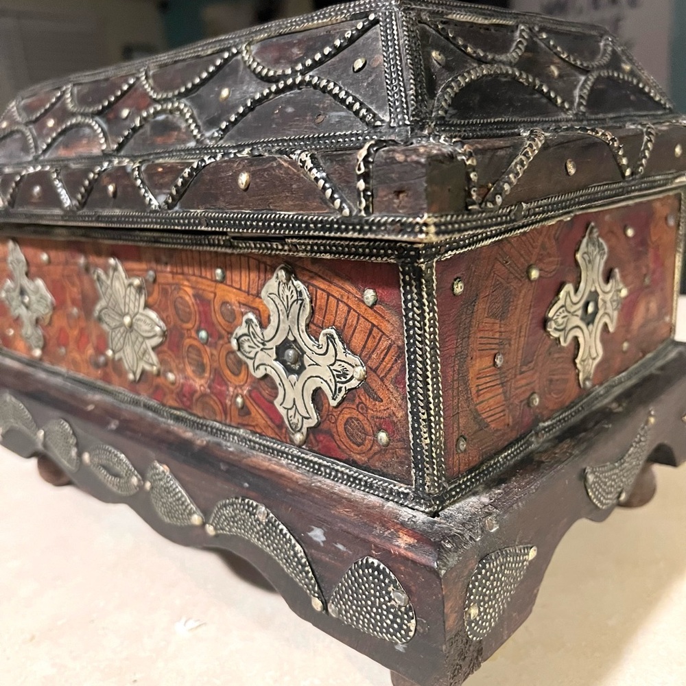 Ornate Moroccan Wooden and Leather Jewelry Box with Silver and Stone Accents - Picture 8 of 16